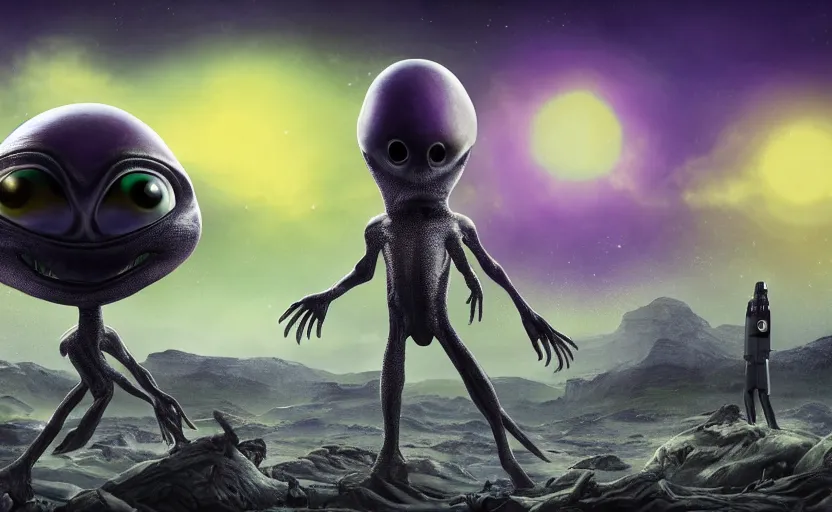 Prompt: big-headed grey alien with large black eyes holding an energy rifle on an alien planet with purple soil, green sky, blue and yellow fauna, alien creatures in the background, highly detailed, high quality, HD, 4k, 8k, Canon 300mm, professional photographer, 40mp, lifelike, top-rated, award winning, realistic, sharp, no blur, edited, corrected, trending