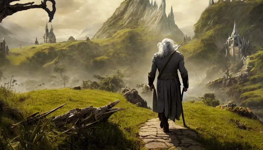 Image similar to concept art of gandalf approaching the shire, hobbiton, intricate, elegant, highly detailed, greg rutkowski, dishonored 2, bioshock, scifi, john park, frazetta, john howe, ruan jia, jeffrey catherine jones