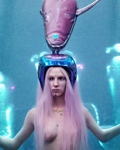 Image similar to natural light, soft focus portrait of a cyberpunk anthropomorphic narwhal with soft synthetic pink skin, blue bioluminescent plastics, smooth shiny metal, elaborate ornate head piece, piercings, skin textures, by annie leibovitz, paul lehr