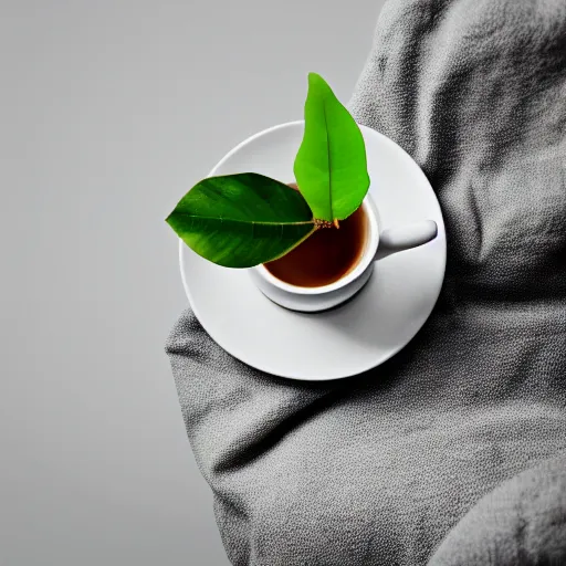 Image similar to baby quoka in a teacup eating a leaf, photography, minimalistic, 8k