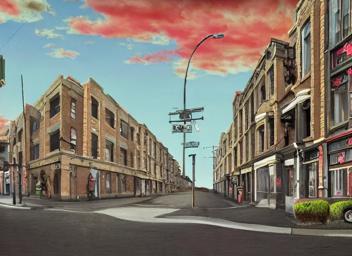 Prompt: north melbourne street, lowbrow, matte painting, 3 - d highly detailed, in the style of mark ryden