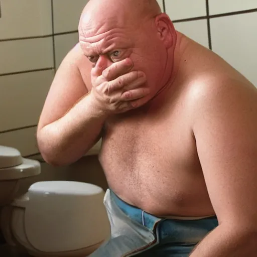 Image similar to a picture of hank schrader with a confused expression sitting on a toilet