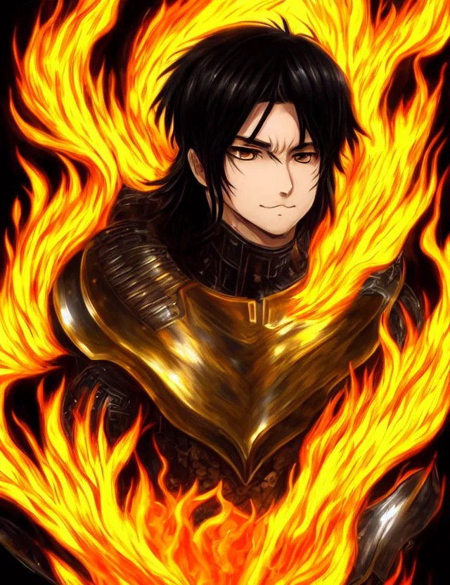 Image similar to a detailed manga portrait of a black haired man with hazel eyes in gleaming golden armour that burns with golden fire, trending on artstation, digital art, 4 k resolution, detailed, high quality, sharp focus, hq artwork, coherent, insane detail, character portrait