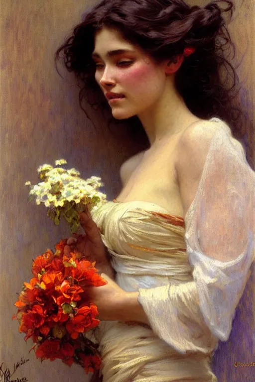 Image similar to attractive woman holding flowers, painting by gaston bussiere, craig mullins, greg rutkowski, alphonse mucha