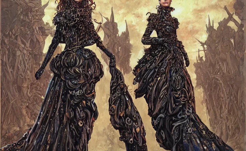 Image similar to fashion model walking down a catwalk, elaborate dress by alexander mcqueen, art by michael whelan and chris moore and howard david johnson and tim white and dan giancola