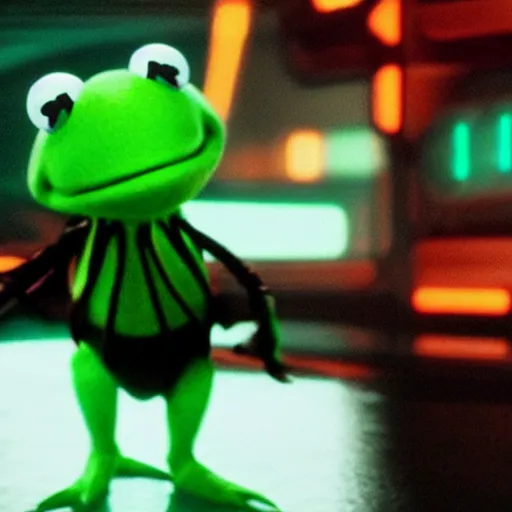 Prompt: a still from Tron:Legacy with kermit the frog in a disc battle