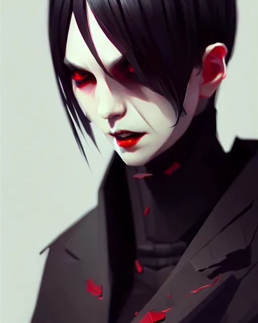 Image similar to sharp hq rendering, dark vampire, character portrait, concept art, painterly, fanart, highly detailed in the style of wlop by ilya kuvshinov, wenjun lin, angular asymmetrical design