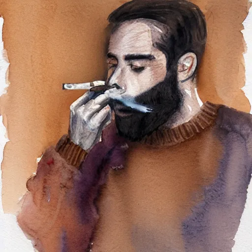 Image similar to watercolor painting of a man with a beard smoking a cigarette, he is wearing a brown sweater, dark style, dramatic lighting