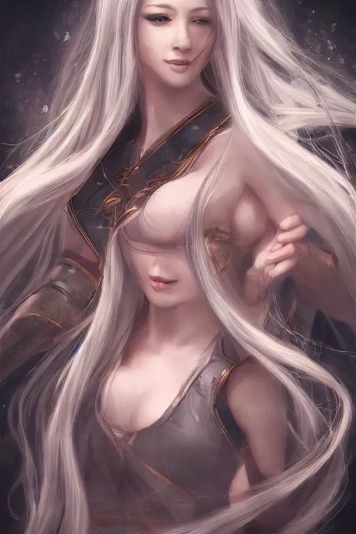 Prompt: A beautiful female cleric with long flowing hair by WLOP