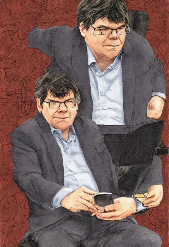 Image similar to Yann LeCun at his comuter illustrated on the Rider–Waite tarot.