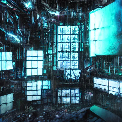 Prompt: glowing translucent theater stage in las pozas, cyberpunk, dark room, science fiction magazine, cut out collage, 4 k close up, wide angle