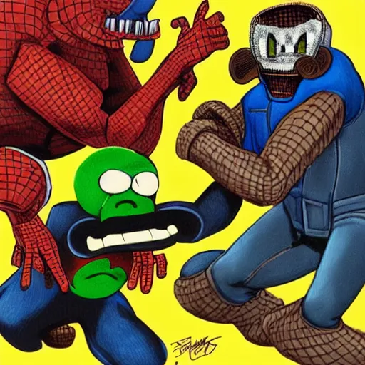 Image similar to beautiful lifelike painting of mf doom and donkey kong bullying peter parker in highschool, hyperreal detailed facial features and uv lighting, art by ed roth and basil wolverton