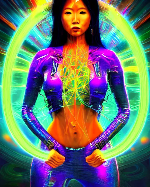 Image similar to a powerful energy psychedelic matrix asian woman, by alexander fedosav, hyper detailed digital matte painting, concept art, hyperrealism, 1 6 k resolution, cinema 4 d, 8 k resolution, trending on artstation, behance hd, a masterpiece, by stephan martiniere, particles, cel - shaded, power bright neon energy, by david a. hardy