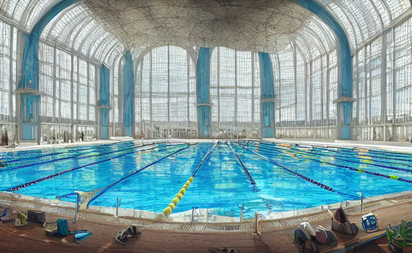 Prompt: huge olympic swimming pool with bay window, architecture, highly detailed, digital painting, artstation, concept art, sharp focus, illustration, art nouveau