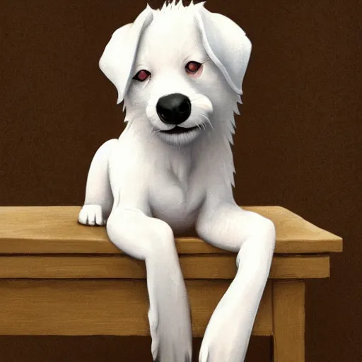 Prompt: A little white puppy sitting on a table, Graceful body structure,cute,Symmetrical face,highly detailed,elegant,Marc Simonetti and Caspar David Friedrich, Trending on artstation