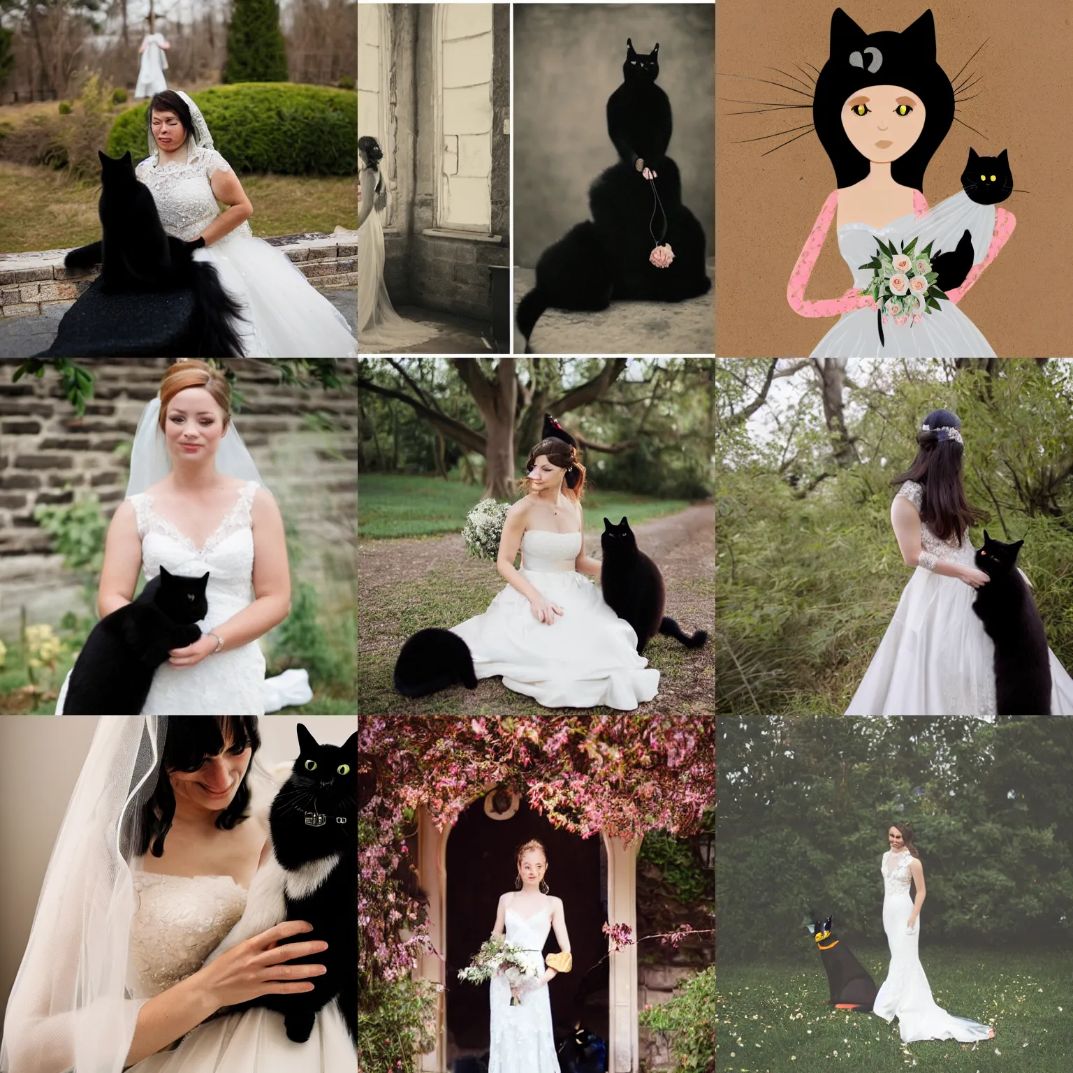 Prompt: a woman in wedding dress holding a black cat