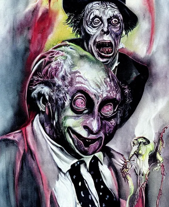 Image similar to a portrait illustration of Beetlejuice, by Les Edwards and francis bacon poster art, detailed