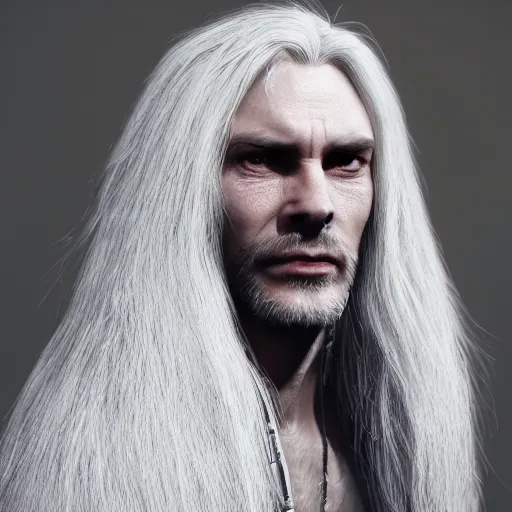 Image similar to a highly detailed portrait of a man without a beard, purple eyes, light gray colour hair, wearing a black cloak, artstation, DeviantArt, professional, octane render