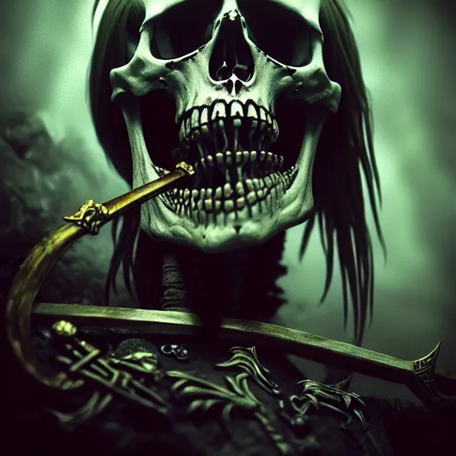 Prompt: photo of a skeletal pirate ghost head and torso, holding a sword and standing in a grotto, photorealistic, dark, atmospheric lighting, painted, intricate, ultra detailed, well composed, best on artstation, cgsociety, epic, stunning, gorgeous, intricate detail, wow, masterpiece