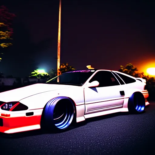 Image similar to a car 300ZX turbo drift at illegal car meet, Chiba prefecture, city midnight mist lights, cinematic lighting, photorealistic, highly detailed wheels, high detail