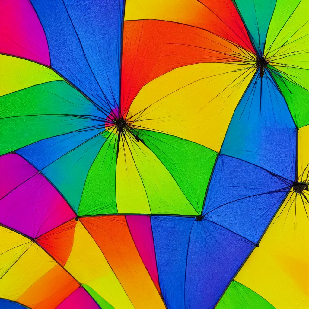 Prompt: close - up view of a rainbow umbrella on yellow background, 8 k, high detail, photorealistic, proper shading