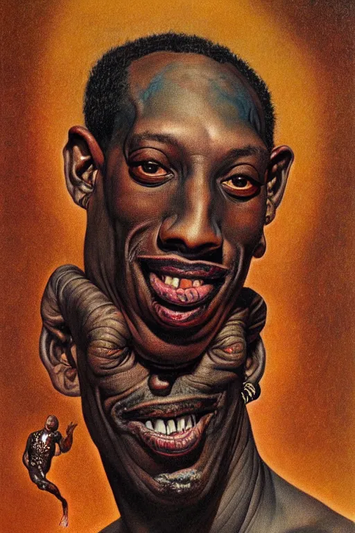 Image similar to portrait of dennis rodman in the style of wayne barlowe, gustav moreau, goward, bussiere, roberto ferri, santiago caruso, luis ricardo falero, austin osman spare