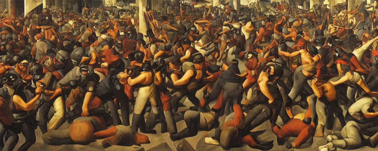 Prompt: american rioters fighting the police, crowded renaissance frieze by diego rivera, chiaroscuro muted colors oil on canvas