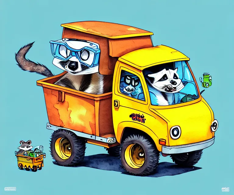 Prompt: cute and funny, racoon wearing goggles driving a tiny garbage truck, ratfink style by ed roth, centered award winning watercolor pen illustration, isometric illustration by chihiro iwasaki, edited by craola, tiny details by artgerm and watercolor girl, symmetrically isometrically centered