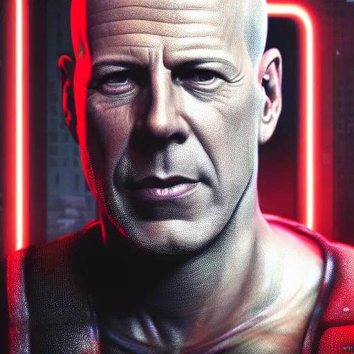 Image similar to bruce willis portrait, cyberpunk 2 0 7 7, cyberpsycho, photorealistic, ultra detailed, neon, octane, bokeh, cyber, cyberpunk city, feature, scars, cyberface, 8 k