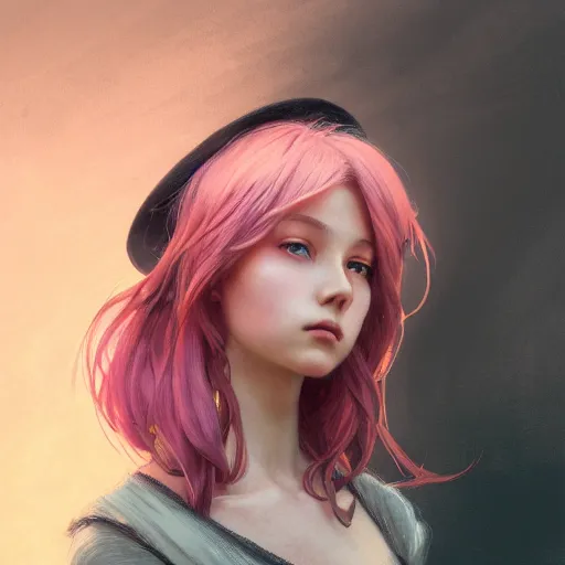 Prompt: a photorealistic dramatic fantasy render of a pink coloured haired young girl with a black wool modern hat by wlop, artgerm, greg rutkowski, alphonse mucha, beautiful dynamic dramatic dark moody lighting, shadows, cinematic atmosphere, artstation, concept design art, octane render, 8 k