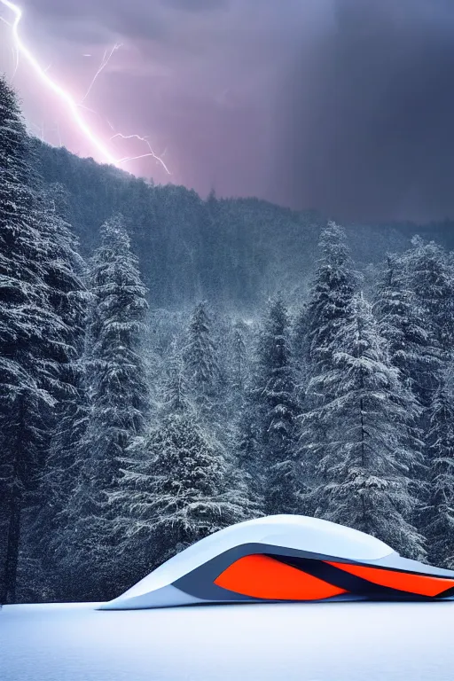 Image similar to a futuristic scene in front of a zaha hadid building in the forrest of the french alps in the style of chris moore, stormy weather with lightning, cinematic matte painting, extreme detail 8 k photo quality, orange lasers, snowfall, featured on behance