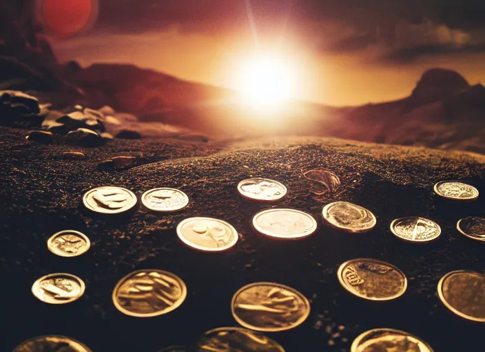 Image similar to a 3 5 mm photo of hills made of of coins, with a man standing on top, splash art, movie still, bokeh, canon 5 0 mm, cinematic lighting, dramatic, film, photography, golden hour, depth of field, award - winning, anamorphic lens flare, 8 k, hyper detailed, 3 5 mm film grain