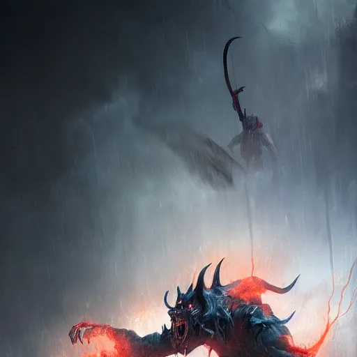 Image similar to a lightning demon fighting a shadow demon at the gates of hell, greg rutkowski, 8 k, shallow depth of field, moody lighting, ultra high detail, concept art,