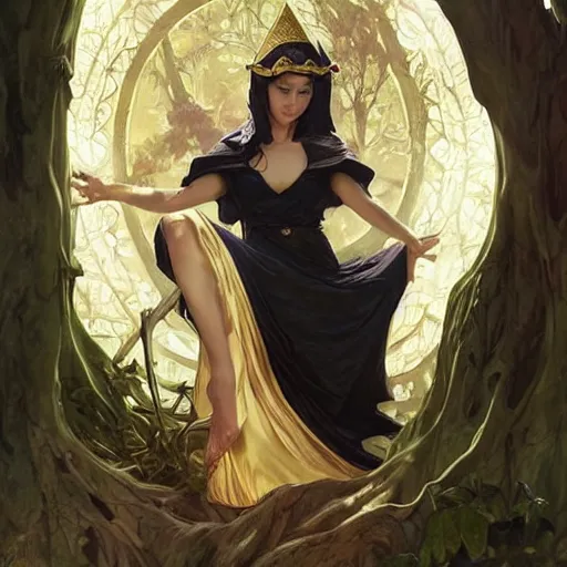 Image similar to portrait of statuesque elf resting on a tree, short black hair, gold robes, expressive face, sharp focus, intricate, smooth, ultra realistic digital art, d & d, high fantasy, pointed ears, elegant, by artgerm, greg rutkowski, alphonse mucha