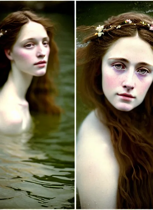 Prompt: Kodak Portra 400, 8K, soft light, volumetric lighting, highly detailed, britt marling style 3/4, extreme Close-up portrait photography of a beautiful woman how pre-Raphaelites with half face in the water, the hair floats on the water, a beautiful lace dress and hair are intricate with highly detailed realistic beautiful flowers , Realistic, Refined, Highly Detailed, natural outdoor soft pastel lighting colors scheme, outdoor fine art photography, Hyper realistic, photo realistic