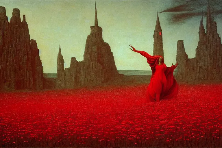 Image similar to only with red, red flowers of different types, a red tiger, a castle in the background, medieval demons dance over the flowers, an ancient path, in the style of beksinski, part by hopper, part by rodcenko, part by hofbauer, intricate composition, red by caravaggio, insanely quality, highly detailed, masterpiece, red light, artstation