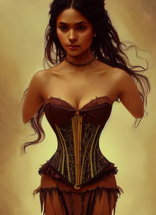 Image similar to cute brown woman wearing a translucent corset dress, fantasy, intricate, highly detailed, digital painting, artstation, concept art, wallpaper, smooth, sharp focus, illustration, art by artgerm and greg rutkowski and alphonse mucha