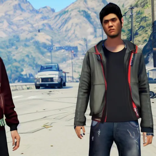 Image similar to Wu Yifan and Jay Chou rap in GTA 5, 4k