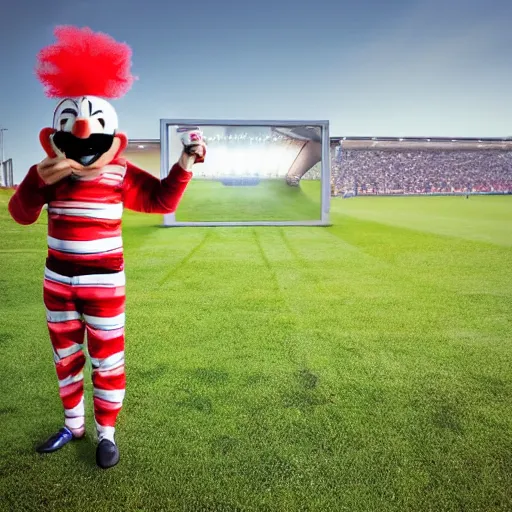 Image similar to silly little grumpy man clown with a beer in front of a soccer match, kodak photo