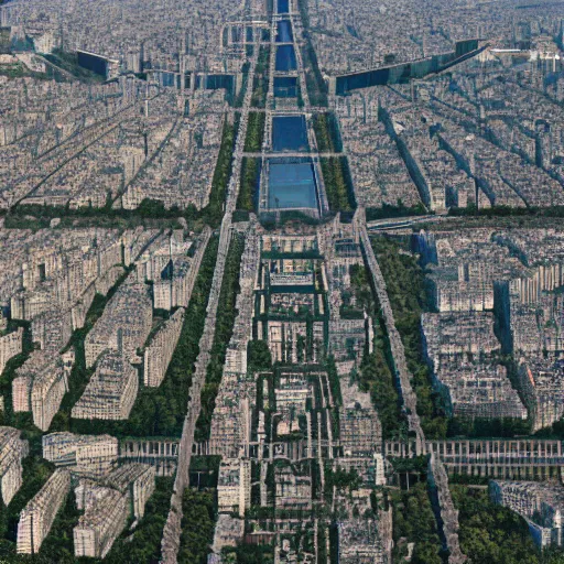 Image similar to an aerial shot of a post - apocalyptical paris overtaken by vegetation