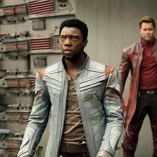 Image similar to film still of Chadwick Boseman as Star Lord in Guardians of the Galaxy