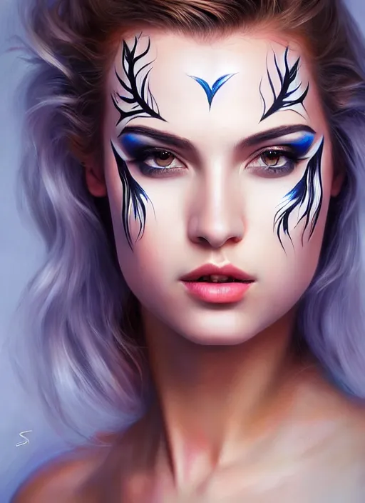 Image similar to full body photo of a gorgeous young woman in the style of stefan kostic, wild face painting, realistic, sharp focus, 8k high definition, insanely detailed, intricate, elegant, art by stanley lau and artgerm