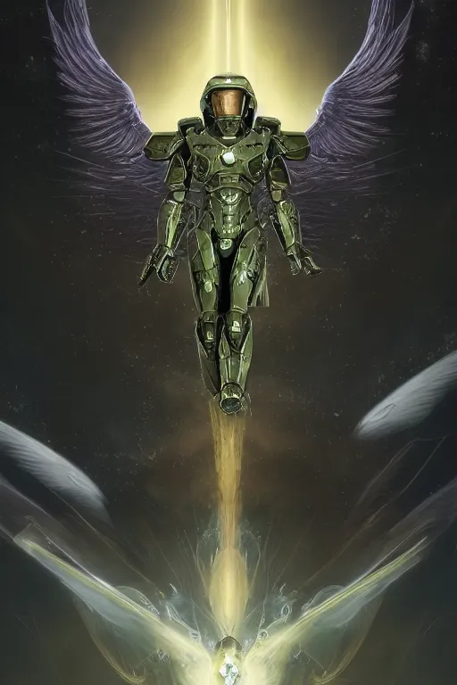 Prompt: portrait of master chief as a one winged angel with a halo behind her, catholic religious art, ornate fractal cloud, sacred, nebula, halo, strong, seductive, imposing, biomechanical, biblical, by moebius and greg rutkowski and artgerm, octane render, trending on artstation