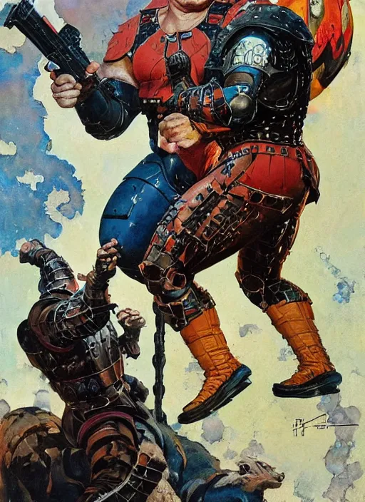 Image similar to full body and head portrait of Hafþór Júlíus Björnsson in science fiction armour, dynamic action, painted by norman rockwell and phil hale and greg staples and tom lovell and frank schoonover and jack kirby