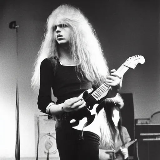 Image similar to 19-year-old women holding electric guitars, long shaggy blonde hair, permed hair, New Wave of British Heavy Metal, live in concert, concert footage, Great Britain, 1981 photograph, 16mm photography