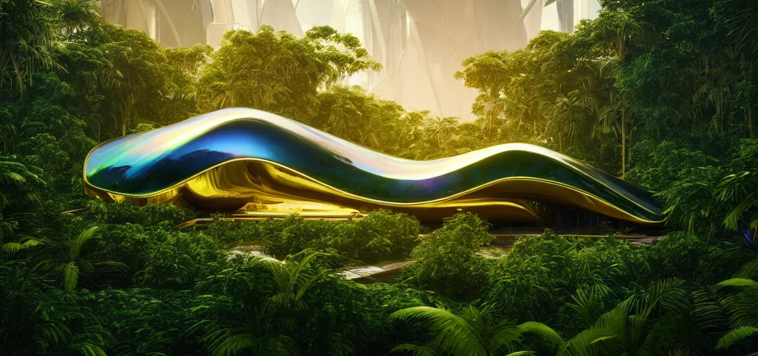 Prompt: futuristic shinny golden iridiscent mirror building in an jungle landscape of a biopunk city by zaha hadid and eladio dieste, movie poster, golden ratio, evening lighting, film still, realistic, octane render redshift arnold materials unreal engine, 8 k post production, hyper detailed