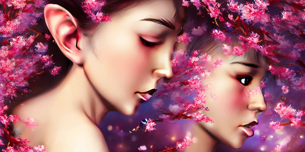 Image similar to photo of a gorgeous elfin female with fluid flowers covering her in the style of stefan kostic, realistic, half body shot, sharp focus, 8 k high definition, insanely detailed, intricate, elegant, art by stanley lau and artgerm, extreme blur cherry blossoms background