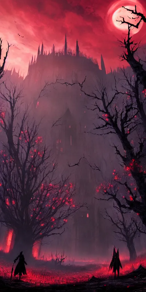 Image similar to abandoned bloodborne old valley with a obscure person at the centre and a ruined gothic city in the background, trees and stars in the background, falling red petals, epic red - orange moonlight, perfect lightning, wallpaper illustration by niko delort and kentaro miura, 4 k, ultra realistic