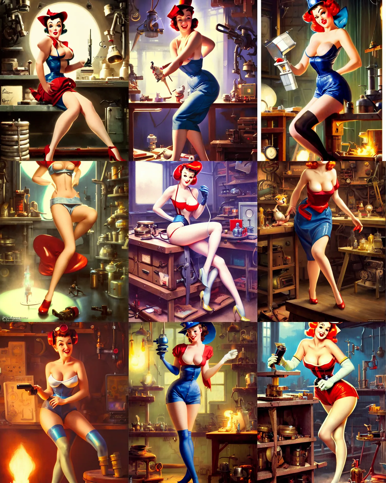 Prompt: pinup photo of gadget hackwrench in her workshop, hot gadget hackwrench by disney, by greg rutkowski, gil elvgren, glossy skin, pearlescent, anime, maxim magazine,