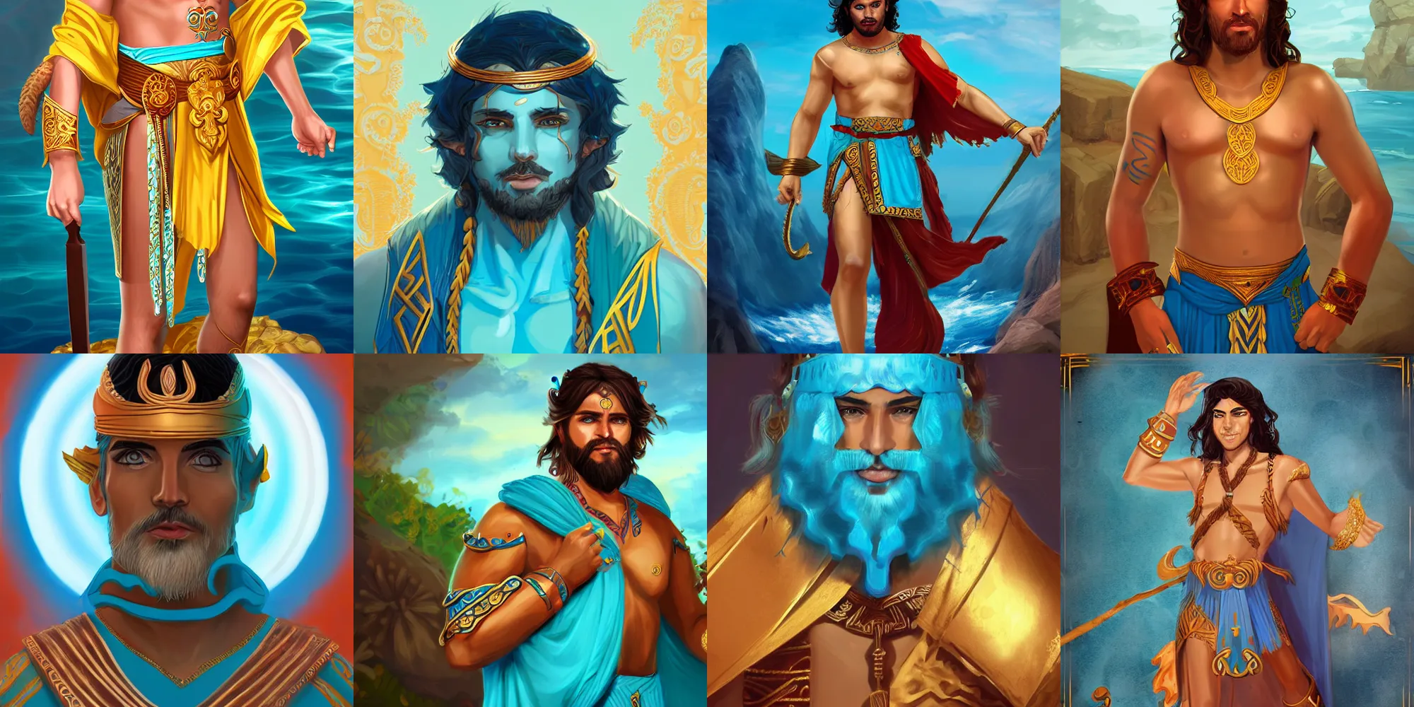 Prompt: ancient greek-inspired islander king, tan skin, colorful robes in the blue and turquoise of the ocean, luxurious fabrics, pointed ears, gold decorations, copper bracers, black hair, atlantean, artstation, character concept